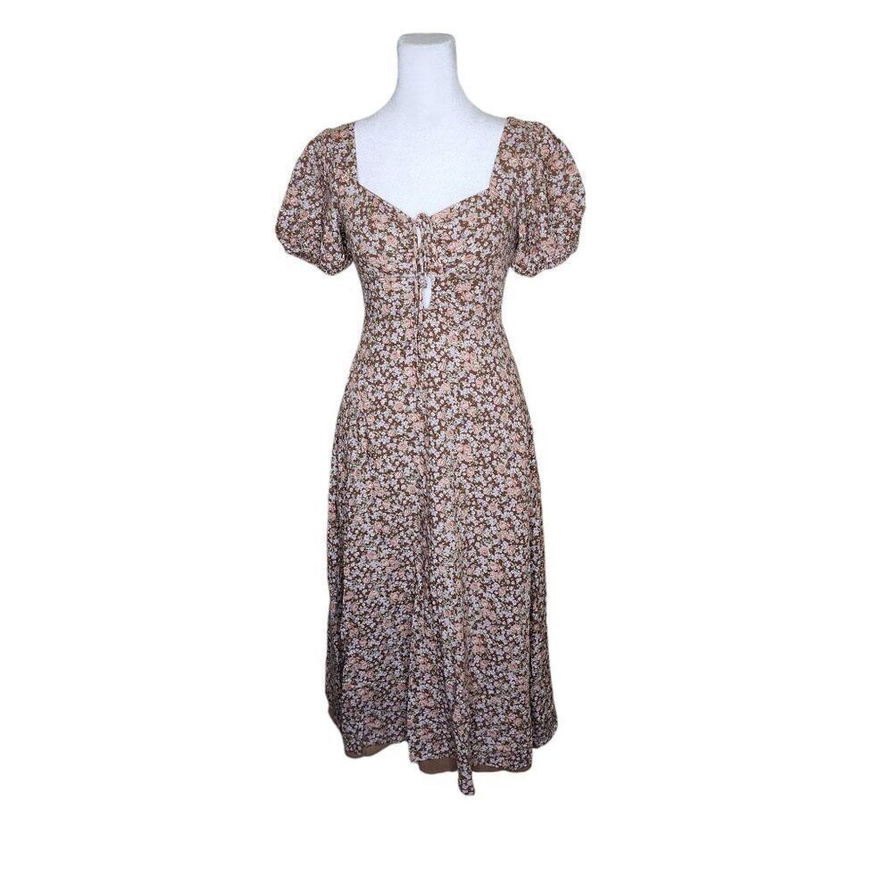ASTR Milkmaid Puff Sleeve Grunge Midi Dress Women XS Brown Floral